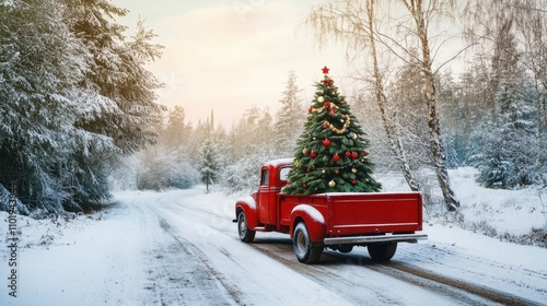 Nostalgic red truck braves a snowy countryside road with a beautifully decorated Christmas tree in tow, symbolizing holiday cheer.