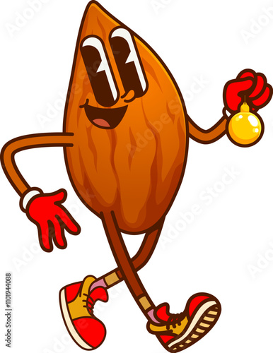 Christmas almond nut groovy character joyfully holding shiny bauble. Isolated cartoon vector lively food personage dressed in bright red sneakers and gloves embodying festive spirit of holiday season