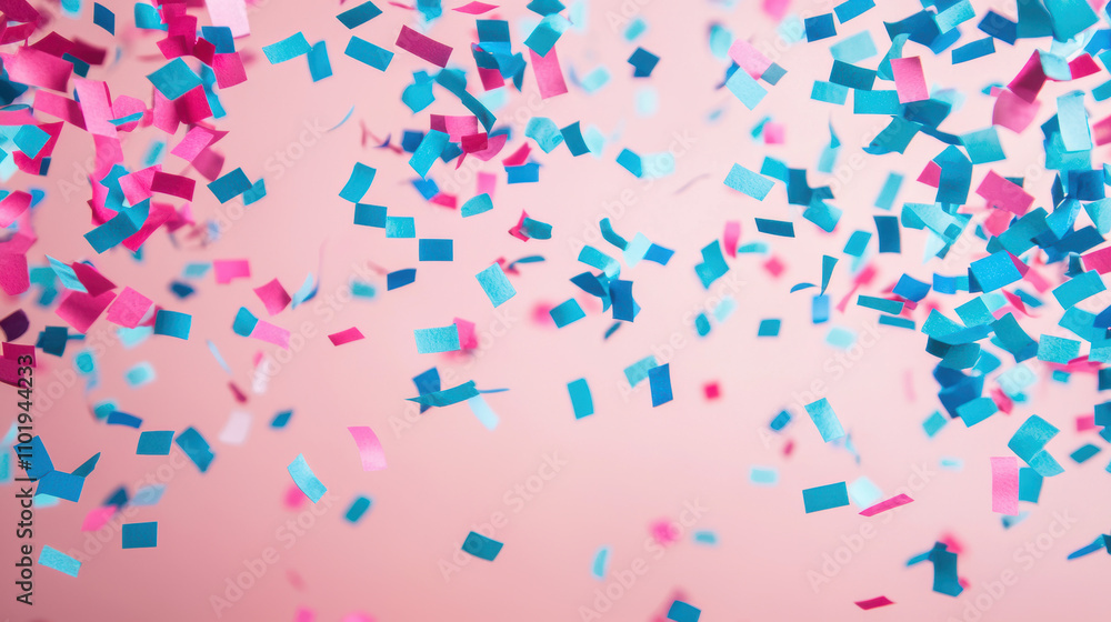 Gender Reveal Confetti Happiness Concept. Colorful confetti in pink and blue scattered against a soft pink background, creating a festive and celebratory atmosphere. Gender Reveal Confetti Happiness Concept. Colorful confetti in pink and blue scattered against a soft pink background, creating a festive and celebratory atmosphere.