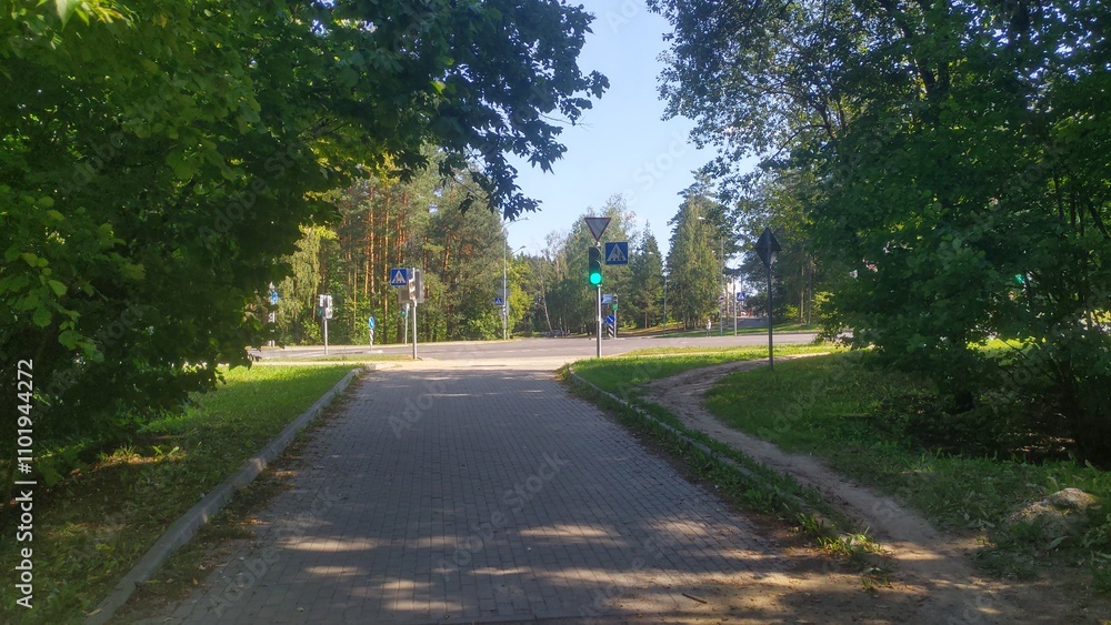 Crosswalk with markings across the asphalt road at the intersection is regulated by traffic lights and road signs. A tiled pedestrian path runs through the city park. Sunny autumn weather and blue sky Crosswalk with markings across the asphalt road at the intersection is regulated by traffic lights and road signs. A tiled pedestrian path runs through the city park. Sunny autumn weather and blue sky