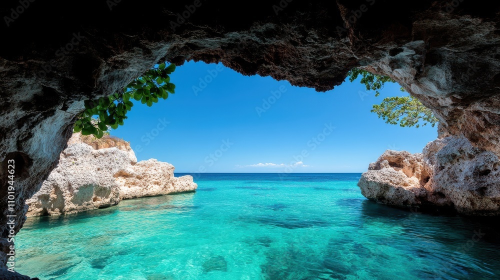 Fototapeta premium A picturesque scene of crystal clear blue waters viewed through a rocky cave entrance, with bright skies and lush greenery adding to the serene coastal panorama.