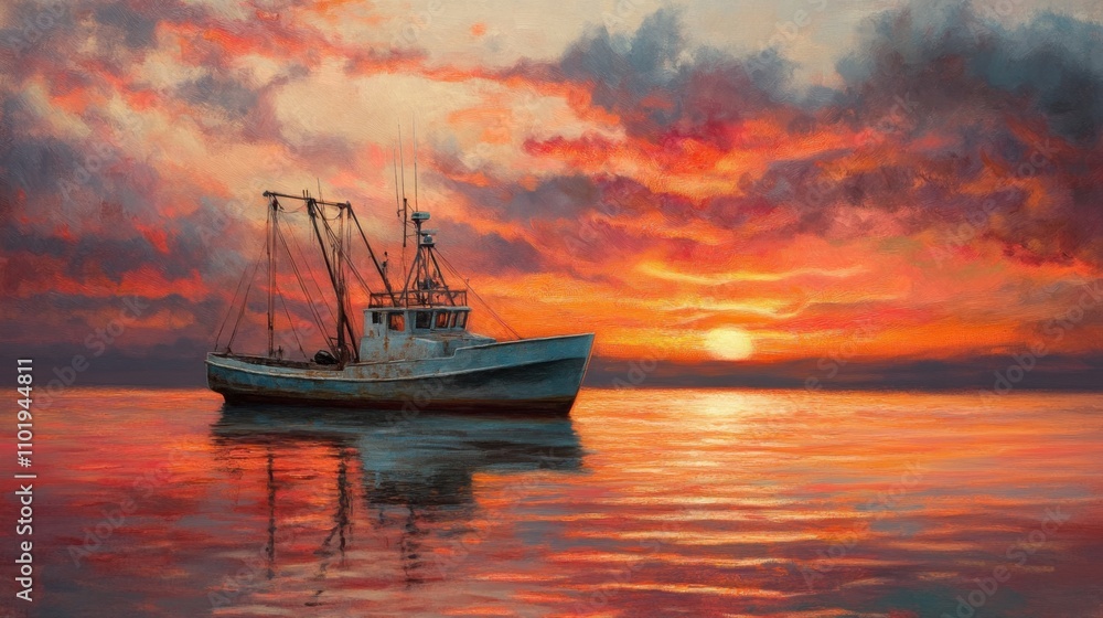 Peaceful scene of a fishing boat gently mirrored in still waters, bathed in the warm glow of a vibrant sunset. Peaceful scene of a fishing boat gently mirrored in still waters, bathed in the warm glow of a vibrant sunset.
