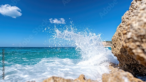 A high-energy ocean wave creates a dynamic splash as it crashes against the weathered rocky shore under the vast expanse of a clear, sunny blue sky. photo