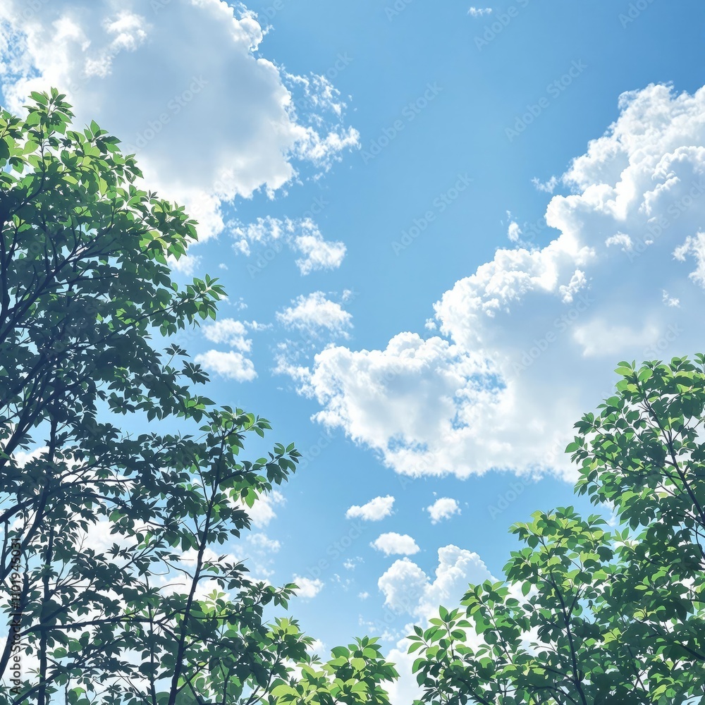 A beautiful blue sky with soft, white clouds and a gentle breeze rustling the trees, rustling leaves, trees, gentle breeze, spring A beautiful blue sky with soft, white clouds and a gentle breeze rustling the trees, rustling leaves, trees, gentle breeze, spring