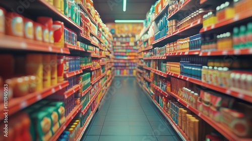 Wallpaper Mural Perspective view of a tidy supermarket aisle with neatly arranged shelves of canned goods, cereals, and household items. Torontodigital.ca