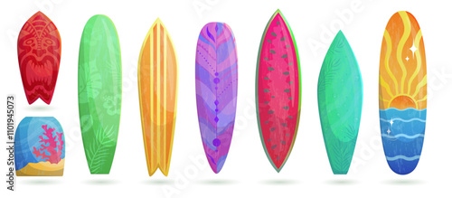 Set of gradient different kinds of surfboards with patterns and textures.Collection of items for summer beach activities items and nautical sports stuff. Summer vibe