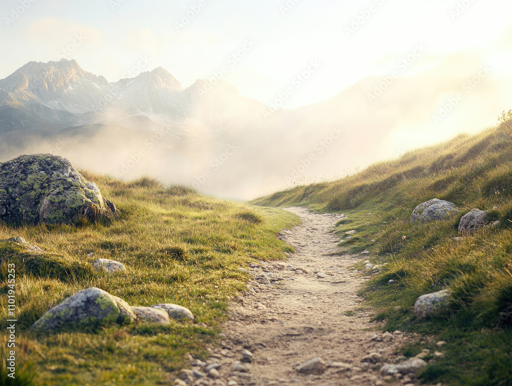 A tranquil mountain trail at dawn in soft browns and greens, perfect for early morning reflection and peace A tranquil mountain trail at dawn in soft browns and greens, perfect for early morning reflection and peace