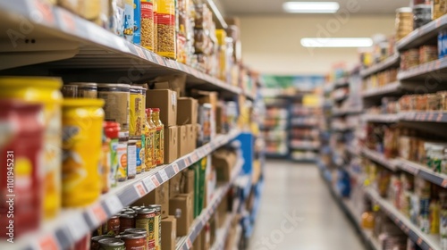 Wallpaper Mural Perspective view of a tidy supermarket aisle with neatly arranged shelves of canned goods, cereals, and household items. Torontodigital.ca