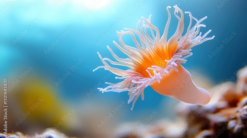 The image captures an elegant sea anemone with glowing tentacles in a sunlit underwater setting, creating a visually captivating marine scene full of natural beauty. The image captures an elegant sea anemone with glowing tentacles in a sunlit underwater setting, creating a visually captivating marine scene full of natural beauty.