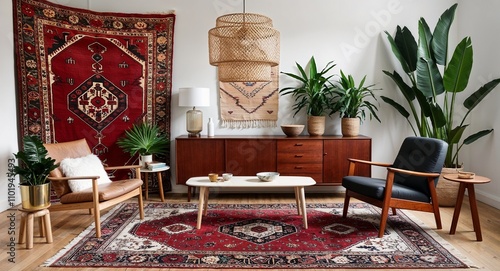 A mix of Persian rugs Scandinavian style furniture and tropical plants for a unique fusion