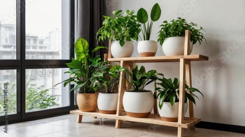 Indoor plants on a wooden shelf near a window.