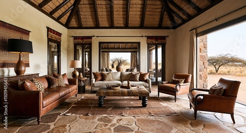 African safari lodge inspired spaces with stone floors leather sofas and tribal accents