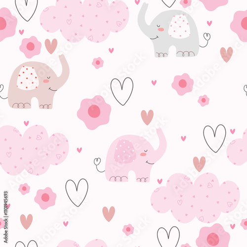 Cute pink elephants, flowers, clouds and hearts, seamless pattern. Vector illustration with hand drawn animals and flowers, pattern for wrappinhg paper, baby shower, Valentine's Day, Wedding.