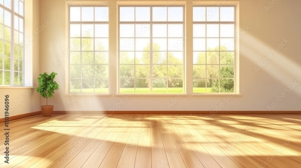 Fototapeta premium Sunlit Room With Large Windows and Wooden Floor