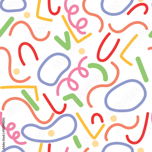 Fun colorful line doodle seamless pattern. Creative minimalist style art background for children or trendy design with basic shapes. Simple childish scribble backdrop.