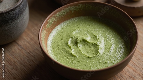 Tranquil scene of frothy matcha tea in Japanese ceramic bowl photo