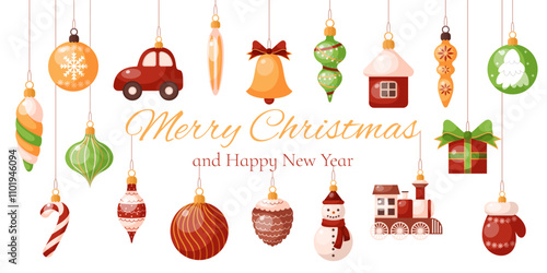 Winter holiday background with Christmas holiday decoration. Banner with various decorative Christmas tree toys and balls. Template for background, banner, card, poster with text inscription.