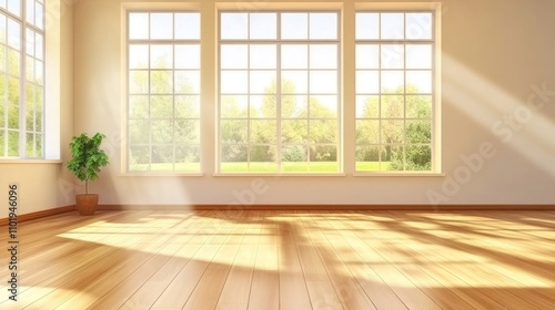 Sunlit Room With Large Windows and Wooden Floor