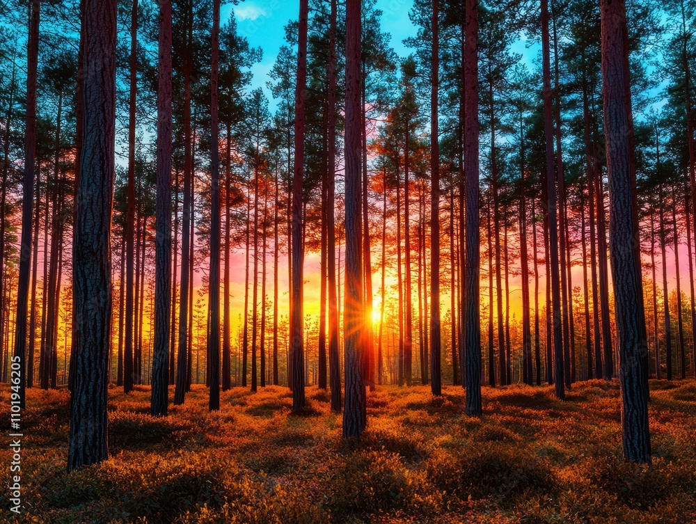Fototapeta premium A serene forest scene at sunset, with tall trees silhouetted against a vibrant, colorful sky.