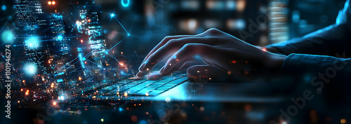 A person typing on their computer with an abstract digital network of connections surrounding them, representing the global reach and connectivity associated 