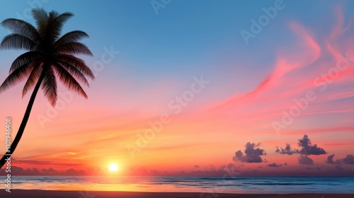 A peaceful sunset scene with a lone palm tree silhouetted against vibrant, colorful skies over a quiet beach, representing a tranquil and exotic getaway atmosphere. photo