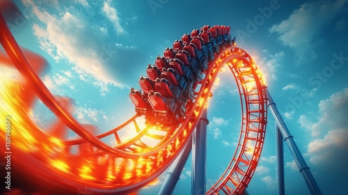 A red roller coaster spinning rapidly in mid-air, The blue sky and clouds in the background blur with a dynamic motion effect photo