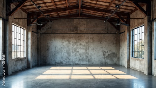 An industrial-style warehouse mockup with beams and textured surfaces