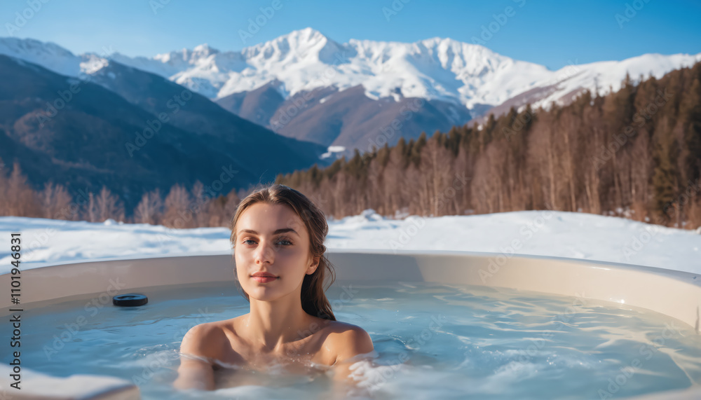 Beautiful girl relaxing in an outdoor pool with snowy mountains in the background. Beautiful girl relaxing in an outdoor pool with snowy mountains in the background.