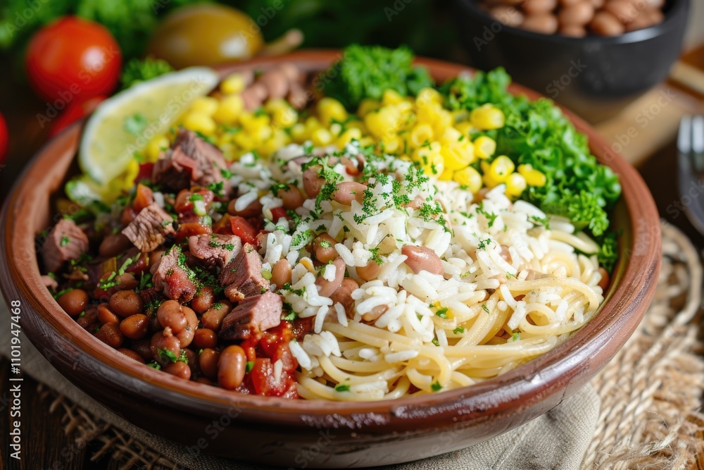 A bowl of pasta served with mixed vegetables, including beans, corn and broccoli A bowl of pasta served with mixed vegetables, including beans, corn and broccoli