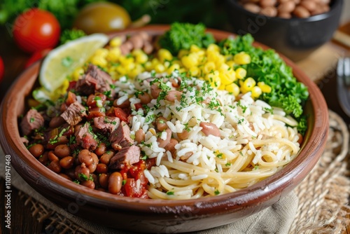 A bowl of pasta served with mixed vegetables, including beans, corn and broccoli