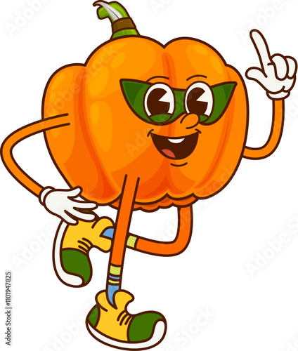 Cartoon groovy pumpkin superhero vegetable character. Isolated vector ripe fresh gourd super hero personage in mask. Funny fairytale comics squash, healthy food, vitamin garden plant pointing finger