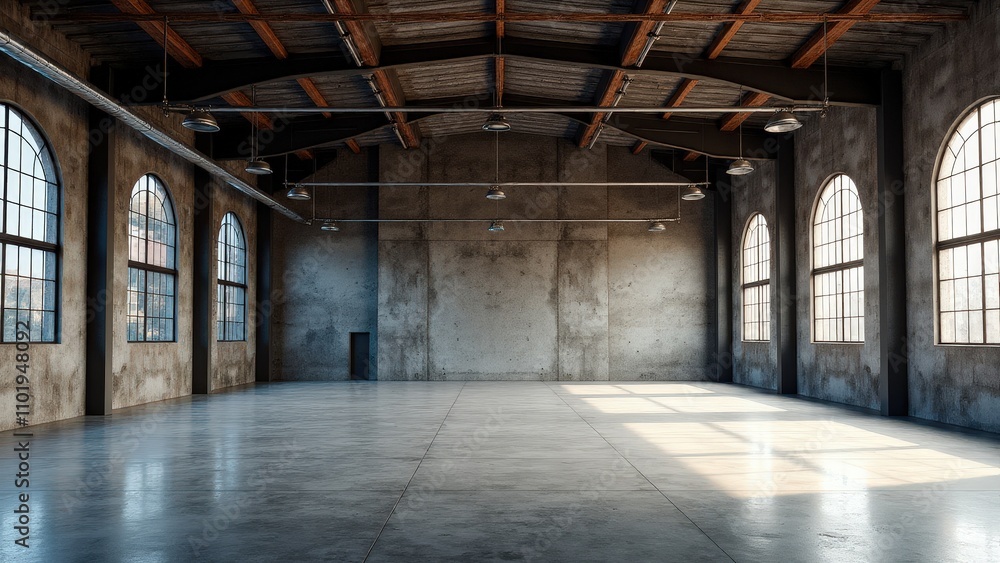 A spacious warehouse mockup with exposed beams and rough textures A spacious warehouse mockup with exposed beams and rough textures