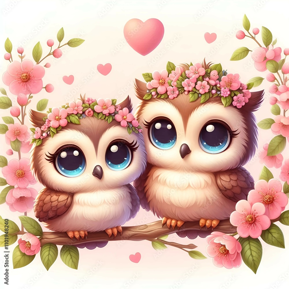 Fototapeta premium A pair of cute owls surrounded by pink flowers and hearts, showcasing a loving scene.