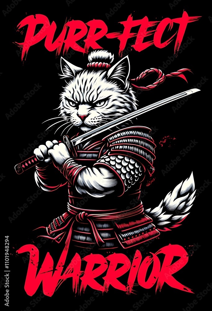 Fierce Samurai Cat 'Purr-fect Warrior' Graphic T-Shirt Fierce Samurai Cat 'Purr-fect Warrior' Graphic T-Shirt