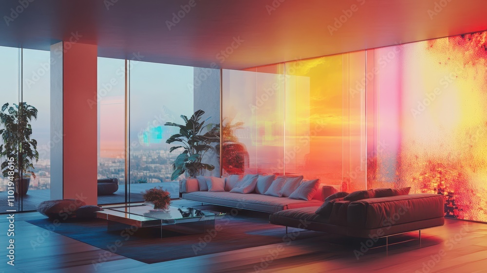 A modern living room with large windows showcasing a vibrant sunset, featuring stylish furniture and indoor plants. A modern living room with large windows showcasing a vibrant sunset, featuring stylish furniture and indoor plants.