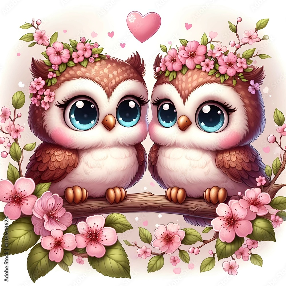 Obraz premium An enchanting duo of owls with expressive eyes, surrounded by lovely flowers and hearts.