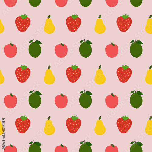 Seamless pattern with pear, apple, lime and strawberry. Vector illustration.