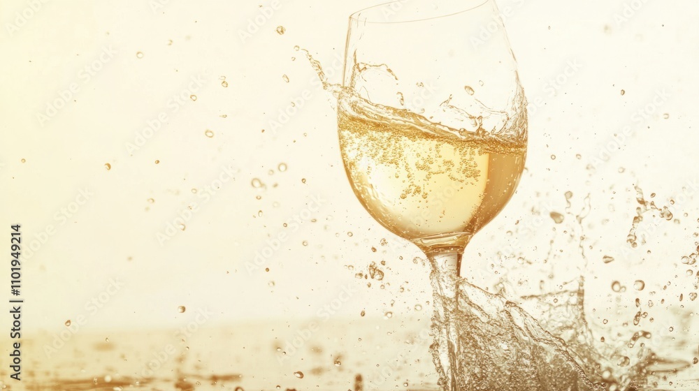 Dramatic splash of white wine champagne in a glass, surrounded by tiny droplets, on a plain white backdrop Dramatic splash of white wine champagne in a glass, surrounded by tiny droplets, on a plain white backdrop
