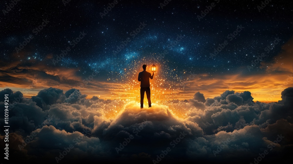 Fototapeta premium Silhouetted Protagonist Stands Empowered Amid Dramatic Night Sky