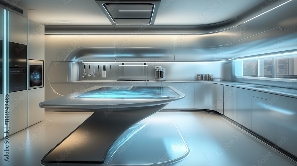 Modern sci-fi kitchen with sleek appliances and a holographic counter Modern sci-fi kitchen with sleek appliances and a holographic counter