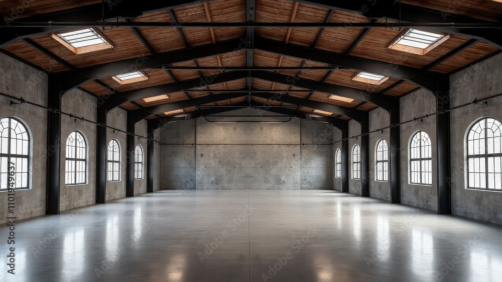 A clean warehouse mockup featuring textured walls and open areas A clean warehouse mockup featuring textured walls and open areas