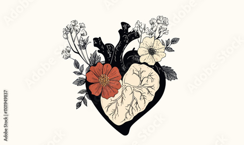 Vintage Valentine Card with Floral Anatomical Heart Vector Illustration