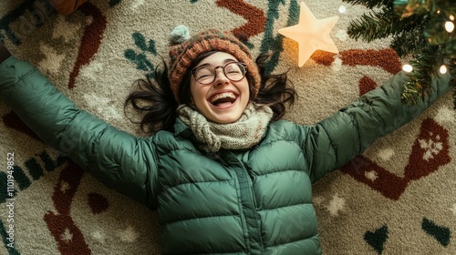 In a room, a 27-year-old woman with glasses, dark brown short hair and light green svetar and puffy coa photo