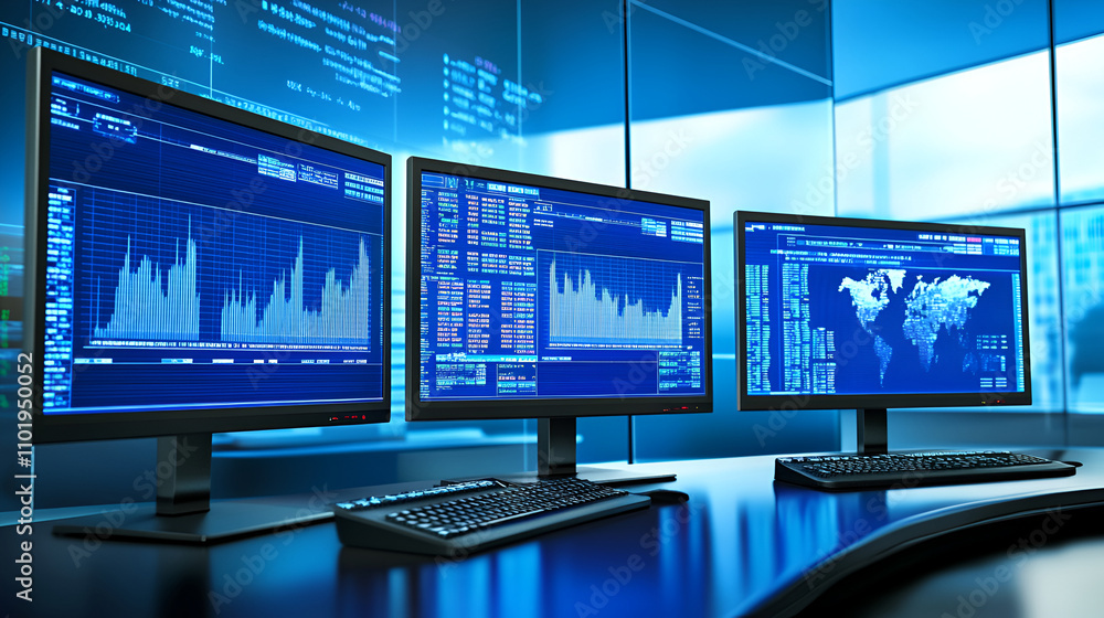 Financial Analysts and Day Traders Working on a Computers with Multi-Monitor Workstations with Real-Time Stocks, Commodities and Exchange Market Charts. Team of Brokers at Work in Agency. Financial Analysts and Day Traders Working on a Computers with Multi-Monitor Workstations with Real-Time Stocks, Commodities and Exchange Market Charts. Team of Brokers at Work in Agency.