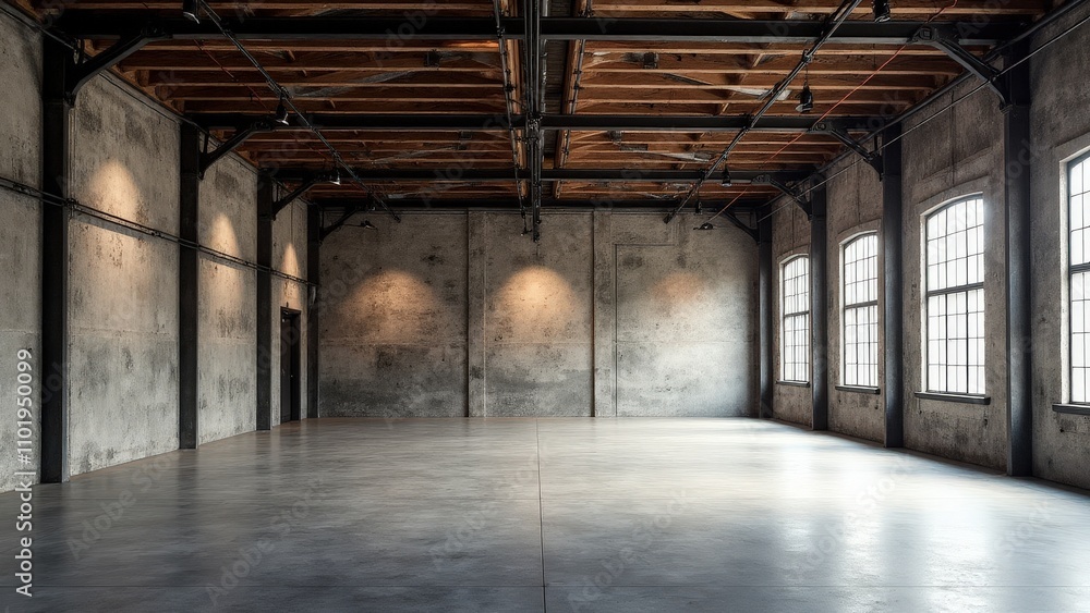 An expansive warehouse mockup with open layout for branding displays An expansive warehouse mockup with open layout for branding displays