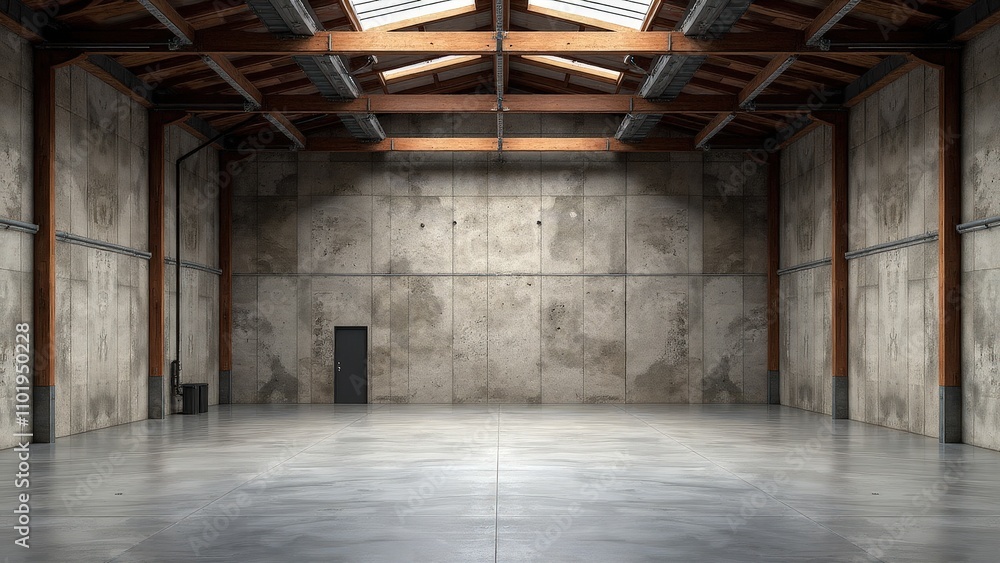 Textured walls and industrial beams in a spacious warehouse mockup Textured walls and industrial beams in a spacious warehouse mockup