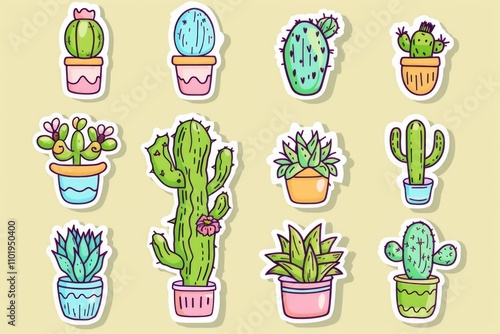 Collection of diverse cactus species, ideal for use in botanical illustrations or as a background element photo