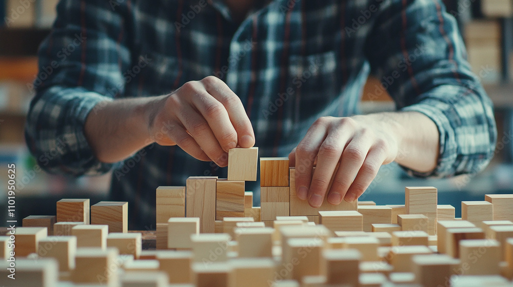 With focus, he organizes wooden cubes, creating a layered presentation of healthcare and insurance concepts. With focus, he organizes wooden cubes, creating a layered presentation of healthcare and insurance concepts.