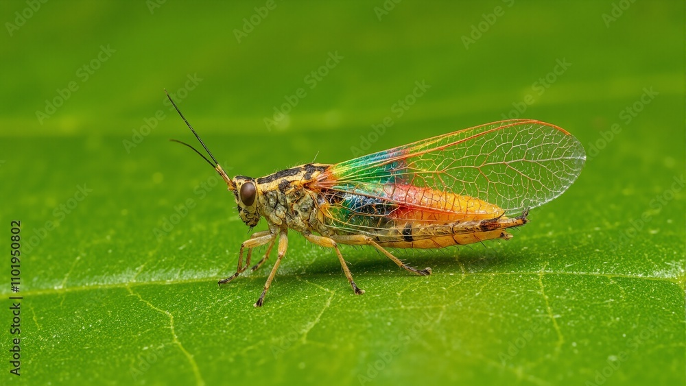 Vibrant leafhopper with rainbow wings on green leaf Vibrant leafhopper with rainbow wings on green leaf