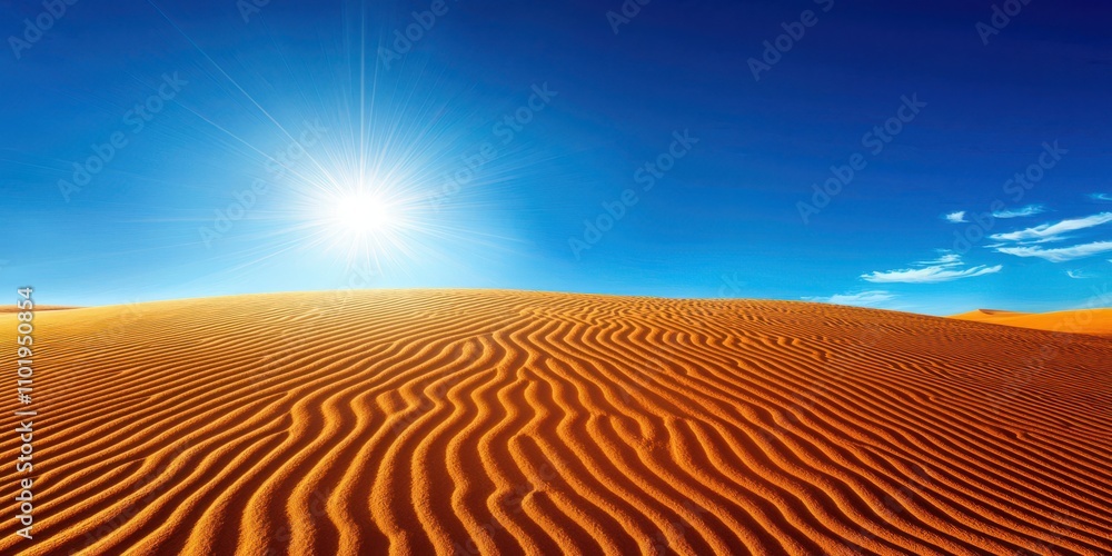 Naklejka premium A vast desert landscape featuring golden sand dunes under a bright blue sky, with the sun shining brightly overhead.